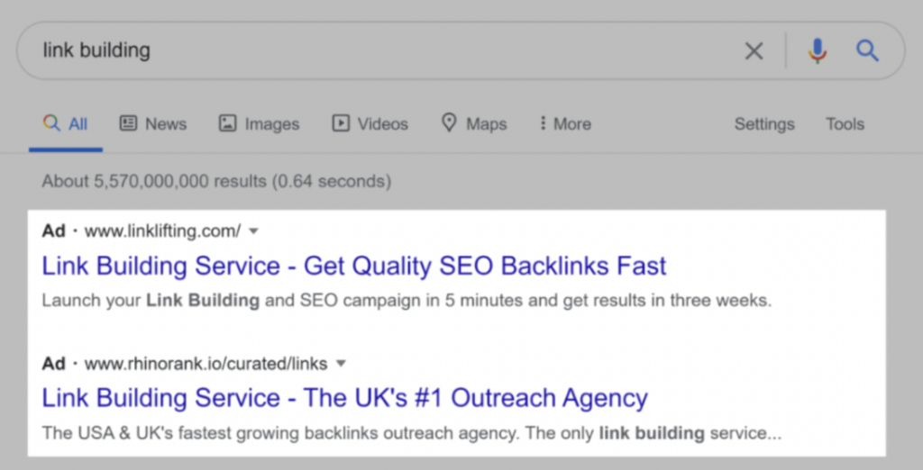 example of google ads in google search - how they appear