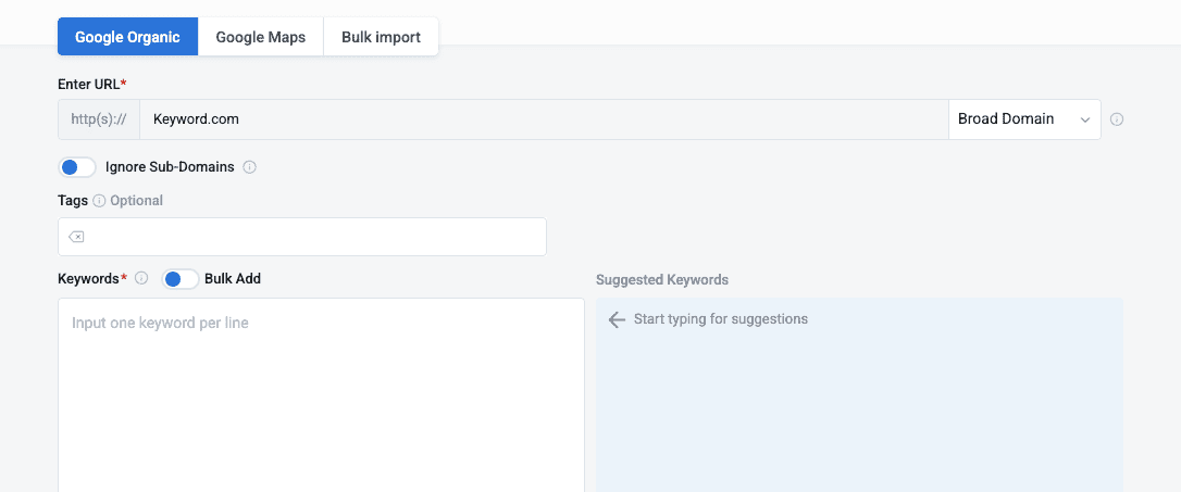 screenshot showing how to create a project, enter a domain, and select keywords on keyword.com.