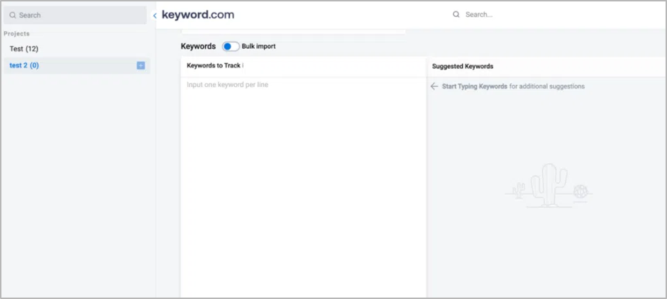 Screenshot of Keyword.com dashboard showing the keyword tracking setup interface, allowing users to input and monitor SEO performance.