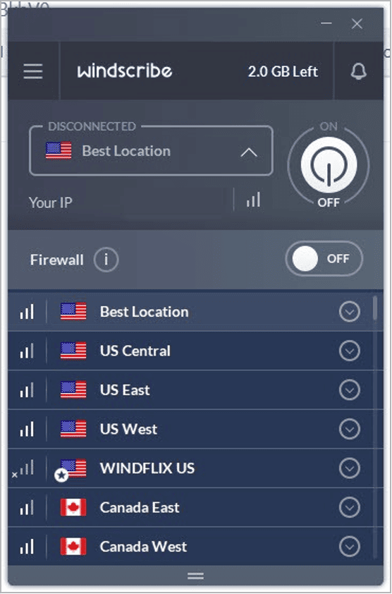 Screenshot of Windscribe VPN interface showing server location options in the United States and Canada, with the VPN currently disconnected.