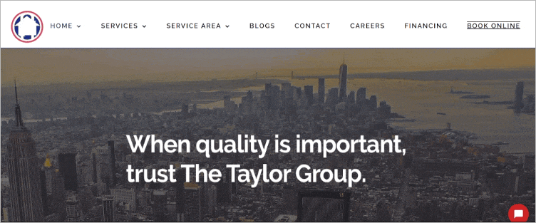 homepage banner of the taylor group displaying a tagline, 'when quality is important, trust the taylor group,' with a cityscape background.