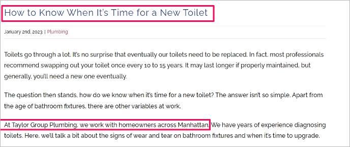 screenshot of a blog post by the taylor group mentioning their plumbing services in manhattan to highlight localized content for seo.
