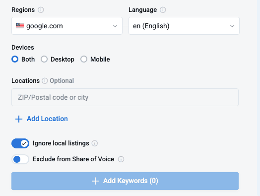 screenshot displaying how to specify location, device, and language for more detailed keyword tracking on keyword.com, with an option to turn off 'ignore local listing'