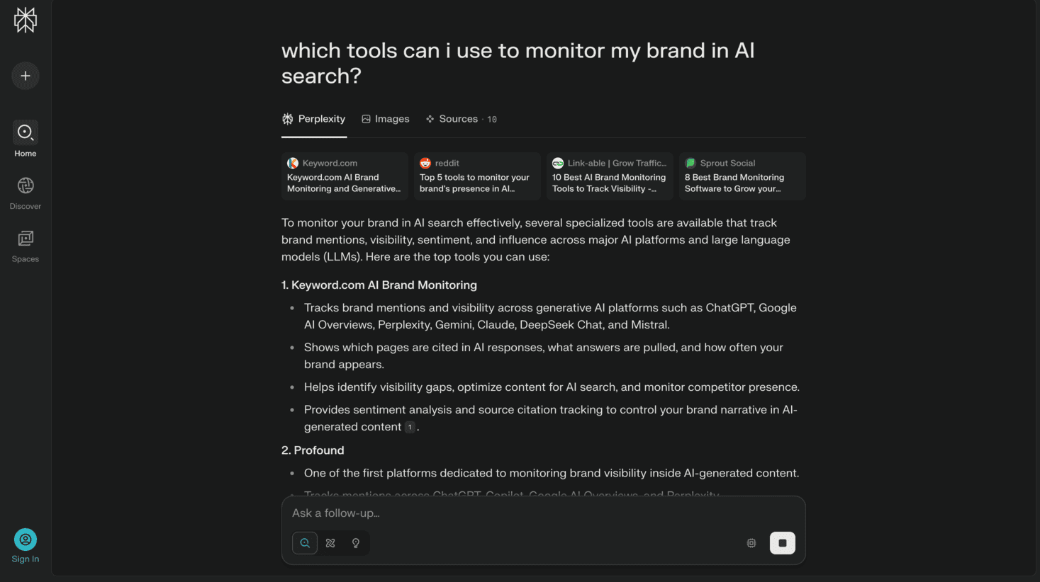 screenshot of perplexity ai results showing tools like keyword.com and onetary for monitoring brand visibility in ai platforms