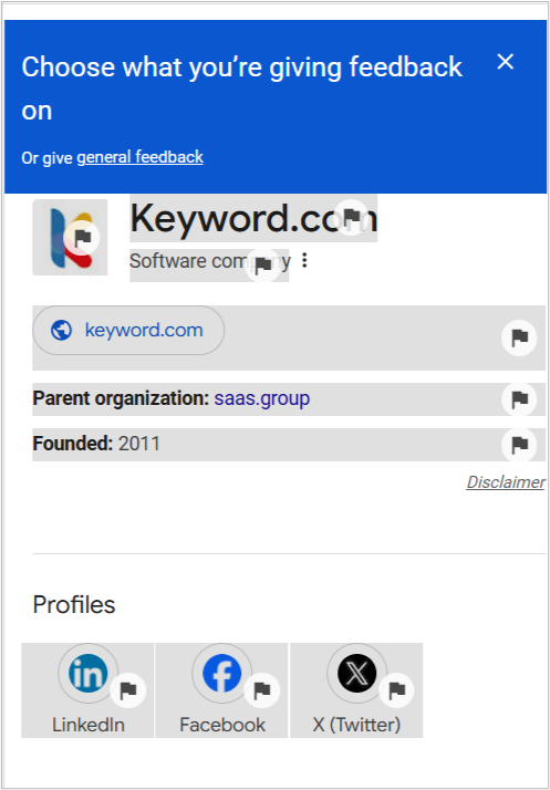Google knowledge panel with editable fields highlighted for providing feedback on company information