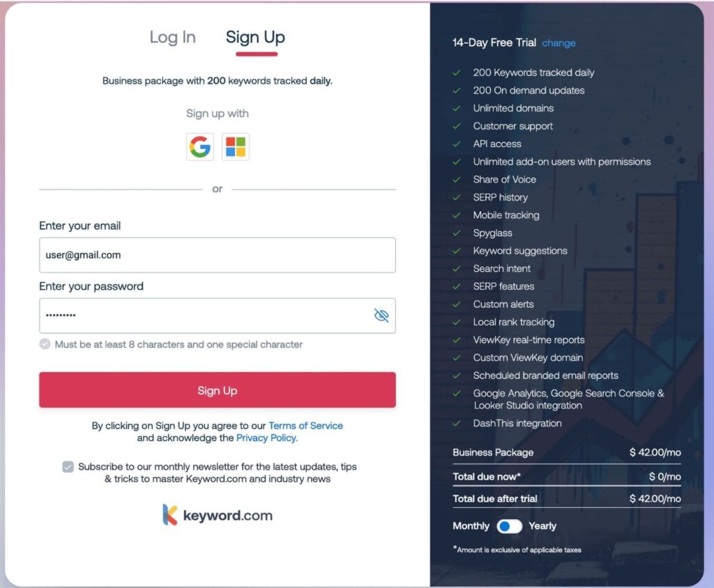 Keyword.com signup screen showing 14-day free trial and features