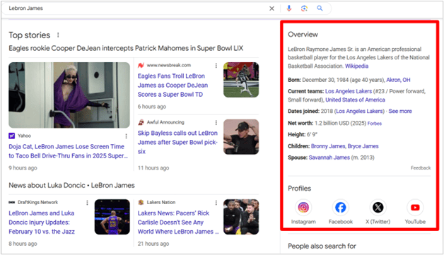 Google search result showing LeBron James’ knowledge panel with biography, stats, and social profiles.