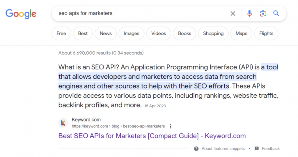 featured snippet for seo apis article 