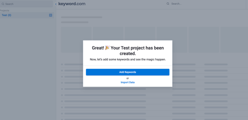 activate your test project in keyword.com