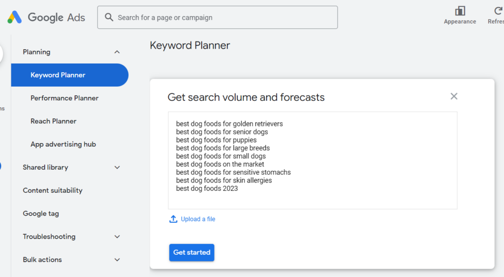 upload your keywords and click get started