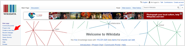 Screenshot of the Wikidata homepage with an arrow pointing to the “Create a new item” link in the sidebar.